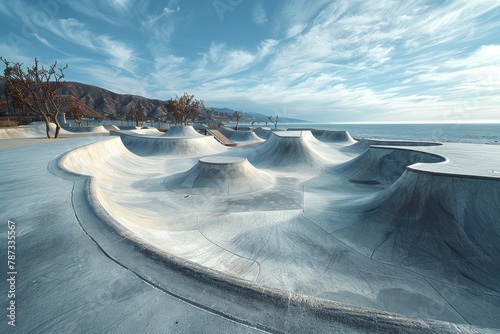 This skatepark boasts sleek concrete curves with a panoramic ocean backdrop under the vast blue sky photo