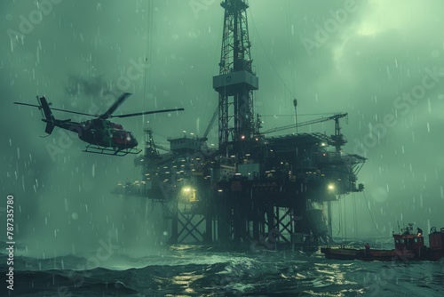 Image showing a helicopter approaching an oil rig in harsh stormy weather conditions, highlighting offshore industry