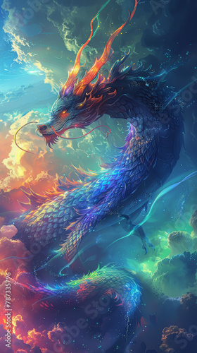 A colorful dragon with a long tail and a blue head. The dragon is surrounded by a blue and green sky © Kowit