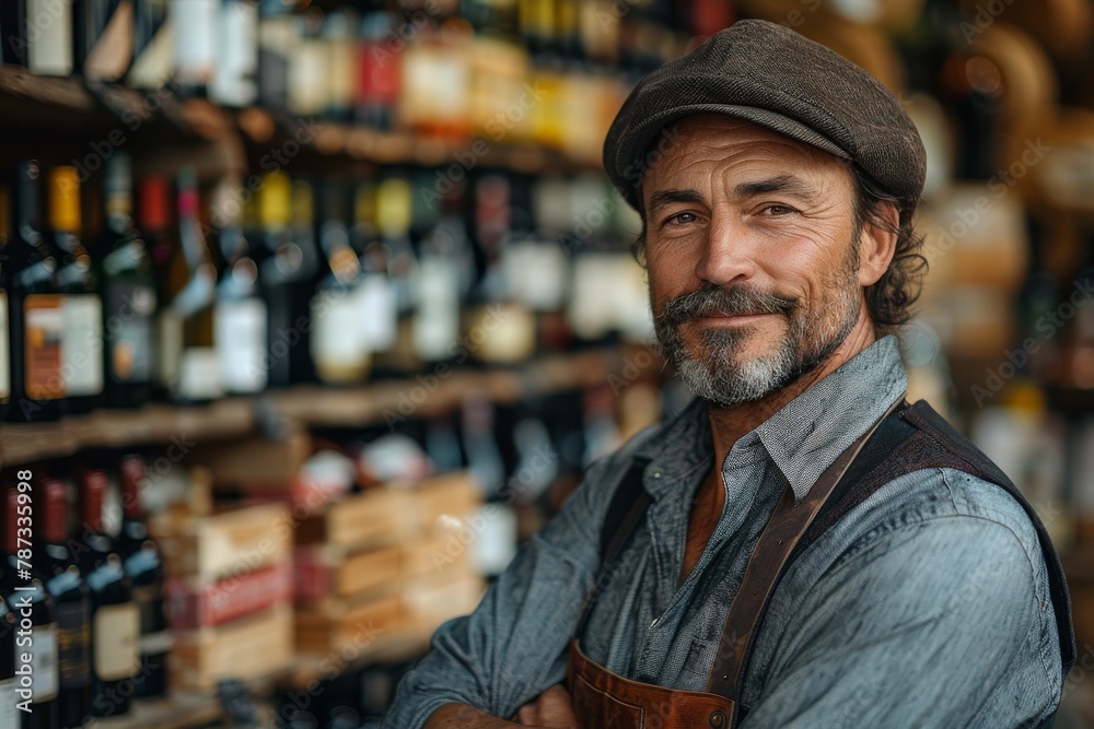 A cheerful man wearing a cap poses confidently in a wine shop with a variety of bottles in the background, expressing expertise and approachability A cheerful man wearing a cap poses confidently in a wine shop with a variety of bottles in the background, expressing expertise and approachability