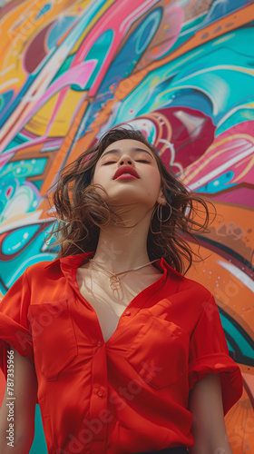 A woman in a red shirt is posing in front of a colorful mural. She is wearing a necklace and a red lipstick. The mural is full of bright colors and patterns, creating a lively and energetic atmosphere © Kowit