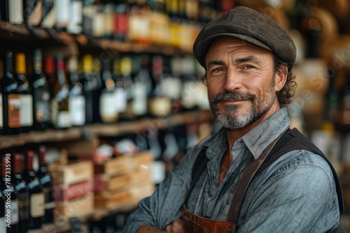 A cheerful man wearing a cap poses confidently in a wine shop with a variety of bottles in the background, expressing expertise and approachability