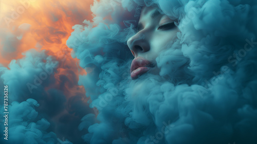 Abstract clouds frame a girl's serene profile, evoking dreamy concepts of beauty and imagination