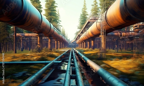 Large oil pipeline and gas pipeline in the process of oil refining and the movement of oil and gas hyper realistic  photo