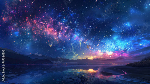 A beautiful night sky with a large galaxy of stars and a bright sun. The sky is filled with a variety of colors, including blue, purple, and pink. The scene is peaceful and serene
