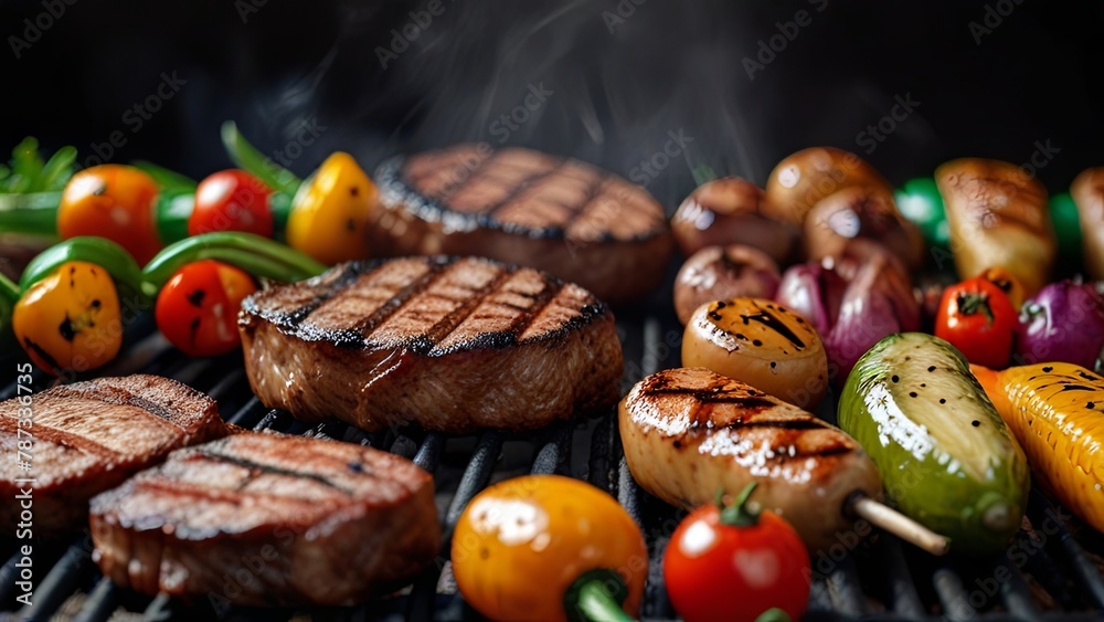 Perfect rib eye beef steak grilled meat with vegetables over the coals on a barbecue Perfect rib eye beef steak grilled meat with vegetables over the coals on a barbecue