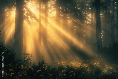 Misty redwood grove at dawn  beams of light breaking through the fog  hushed atmosphere   3D style