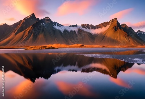 Vestrahorn mountaine on Stokksnes cape in Iceland during sunset with reflections. Amazing Iceland nature seascape. popular tourist attraction. Best famouse travel locations.