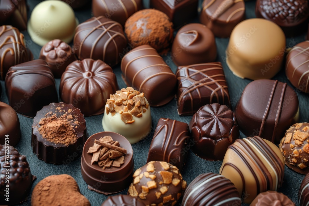 A delicious assortment of various gourmet chocolates, one piece strategically blurred A delicious assortment of various gourmet chocolates, one piece strategically blurred