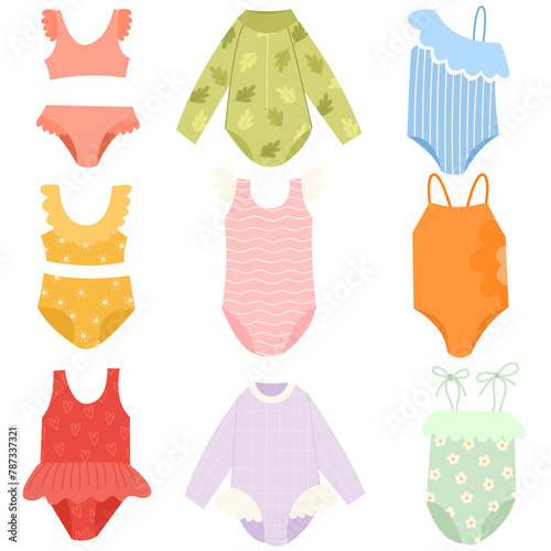 Set of children's summer swimsuit. Summer swimwear for girls. Swimsuit, fashion, summer concept photo