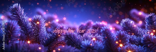 Elegant New Year 2023 Greeting with Blue Spruce Branches and Lights in Purple and Blue Colors photo