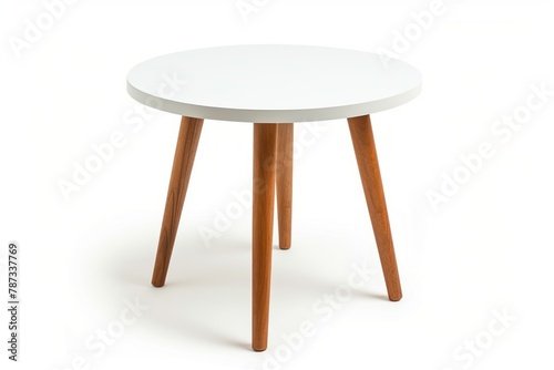 Round coffee table or end table isolated on white background with clipping path. Small round white table with 3 legs on white background. . photo on white isolated background
