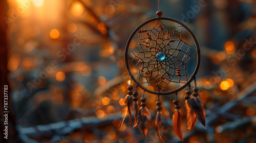 Amidst trees, dream catcher glows with warm light, weaving dreams of tranquility