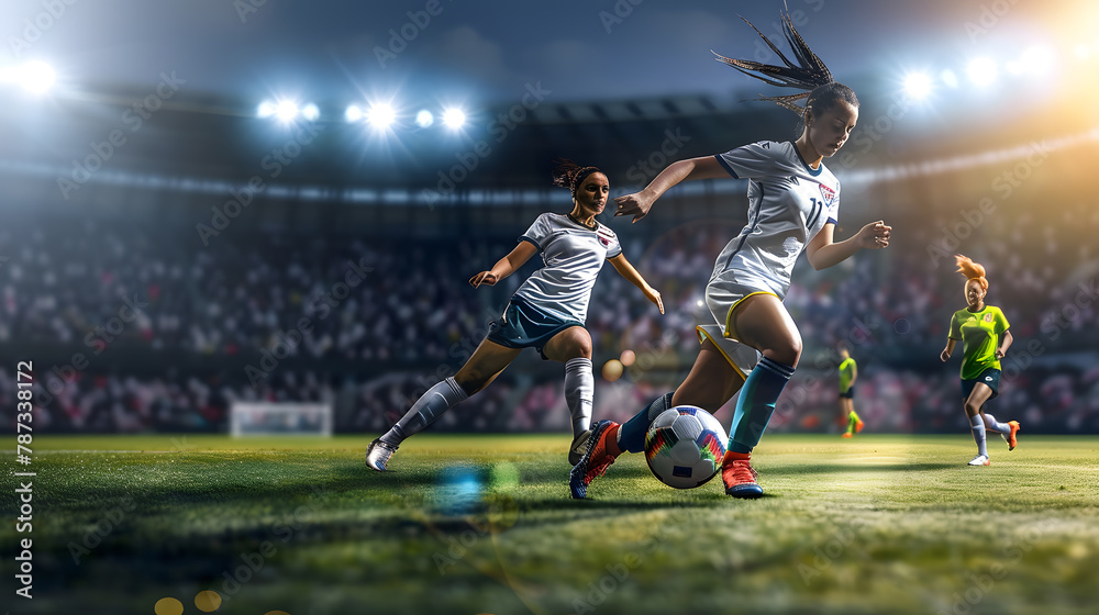 Female soccer players in action during practice at the stadium Copy space : Generative AI