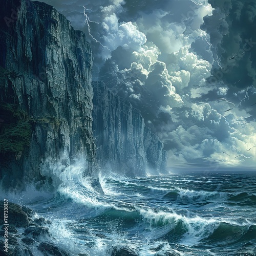 Rugged coastline with crashing waves against towering sea cliffs, storm clouds gathering overhead , high-resolution