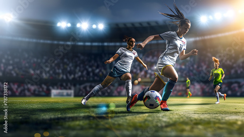 Female soccer players in action during practice at the stadium Copy space : Generative AI © Generative AI