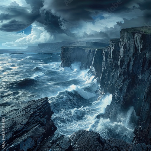 Rugged coastline with crashing waves against towering sea cliffs, storm clouds gathering overhead , high-resolution © Mini