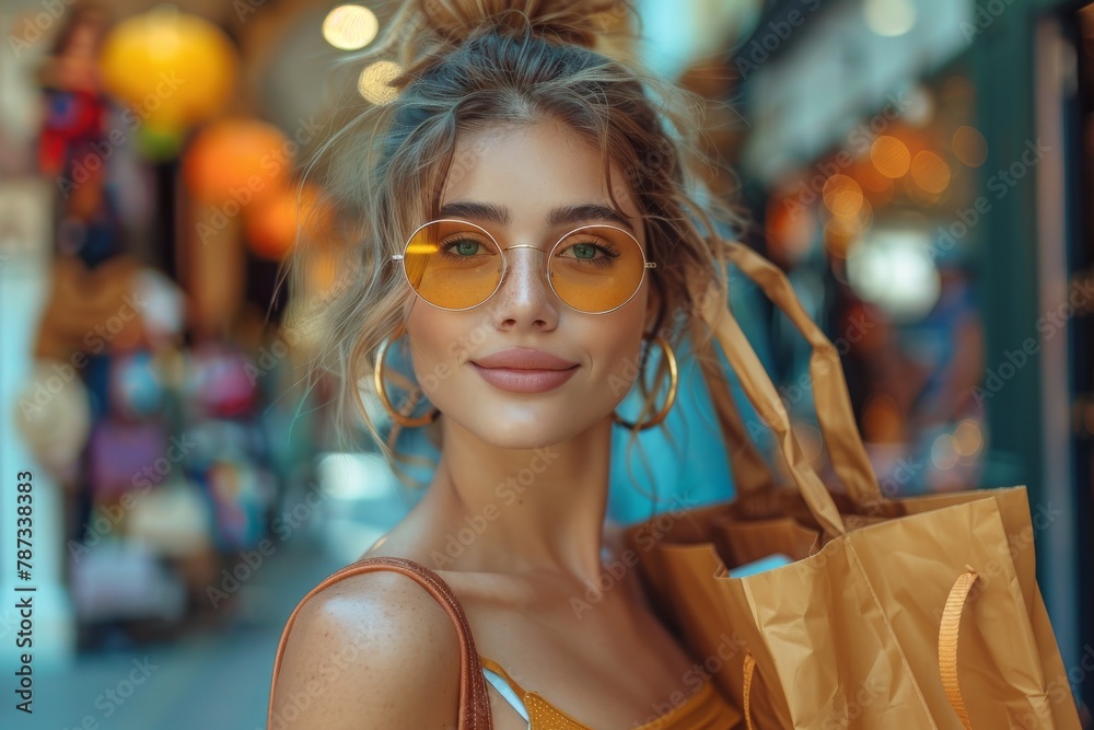 A fashionable young woman in a summer dress and yellow sunglasses holds shopping bags
