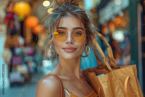 A fashionable young woman in a summer dress and yellow sunglasses holds shopping bags