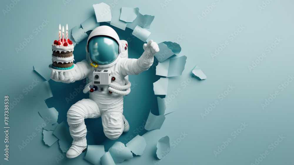This imaginative shot captures a cosmonaut in a space suit presenting a multi-tiered birthday cake in a zero-gravity simulation This imaginative shot captures a cosmonaut in a space suit presenting a multi-tiered birthday cake in a zero-gravity simulation