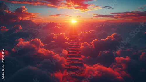 Floating steps amid clouds form a heart-shaped path to the heavens, inspiring viewers to reach dreams with determination photo