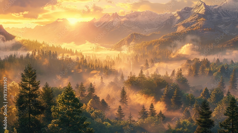 Sweeping view of a mountain valley bathed in the golden light of sunrise, mist clinging to the forests , 3D style