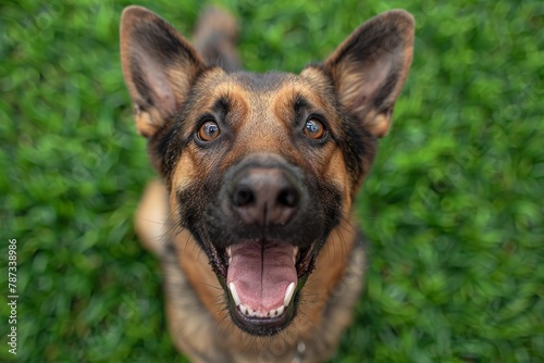 A playful German Shepherd dog looks up with a happy, excited facial expression, and tongue out