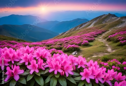 Magic pink rhododendron flowers on summer mountain