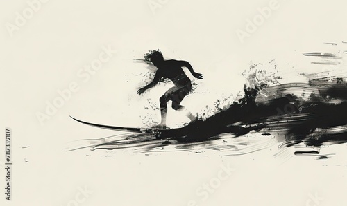 Silhouette of a surfer standing on a rocky shore. Black white surfing summer theme. Holiday and vacation. High quality AI generated image