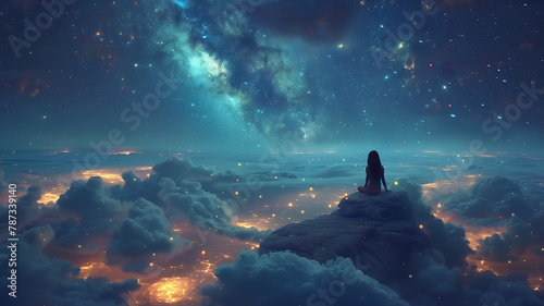 Girl perches on stone above clouds, gazing at starry sky, lost in dreams. photo