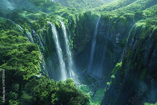 Topdown view of a waterfall disappearing into a deep, lush gorge , 3D style
