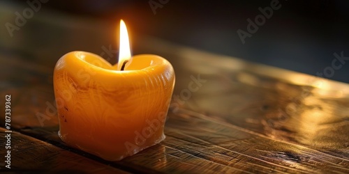 A heart-shaped candle burning with a soft glow, creating a romantic and cozy atmosphere. 