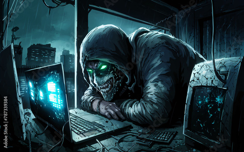 Grotesque Hacker masked trolling the web in computer malware