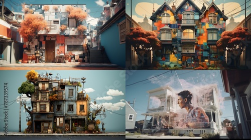 an image where AI painters use algorithms to blend the physical and digital worlds, creating an immersive experience on a house's facade