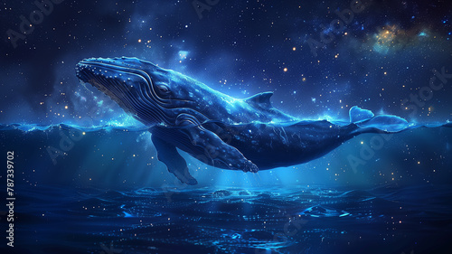 Graceful galaxy whale traverses starry heavens, embodying dreamlike adventure.