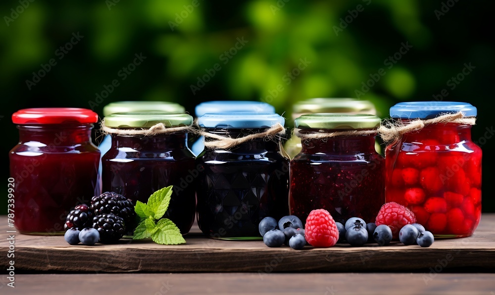 assortment of jams in glass jars with fresh berries on wooden table assortment of jams in glass jars with fresh berries on wooden table