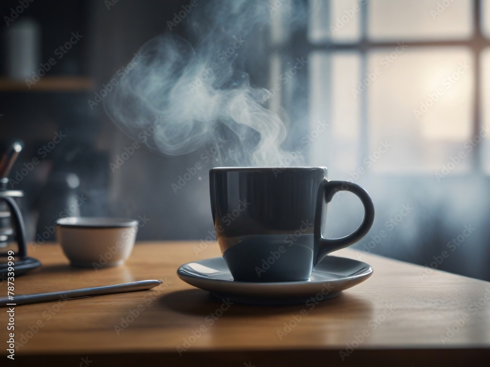 black coffee cup with pencil on the table, sunlight coming from the window