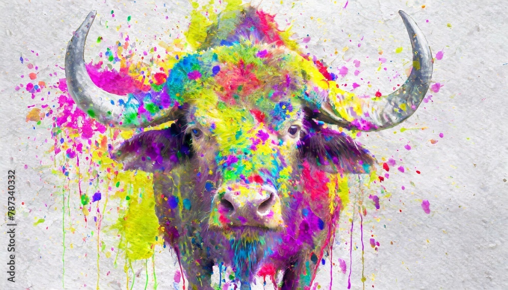 Modern colorful watercolor painting of a buffalo, textured white paper background, vibrant paint splashes.  - obrazy, fototapety, plakaty 