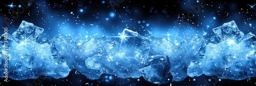 Blue Glowing Ice Crystals With Stars In Space Background and Sparkling Lights