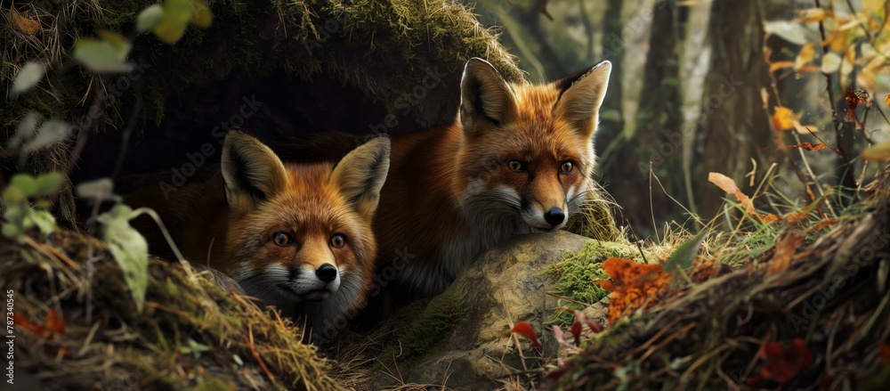 Fototapeta premium An intimate glance at a fox in the wild, its gaze inviting curiosity about its secret life