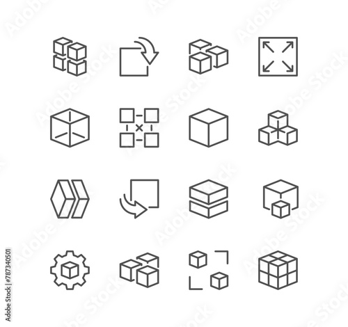 Set of cubes related icons, 360 degrees, virtual reality, full rotation, 3d modeling and linear variety vectors.