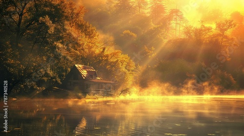 A radiant sunrise casting a golden glow over a colorful lake, with mist rising from the water and enveloping a rustic cabin nestled among the trees.