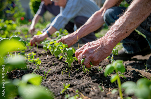 Old hands planting  weeding and thinning plants in urban community garden on the sunny day