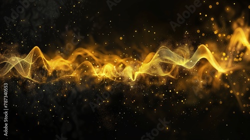 A black background with gold audio waves and particles. Generated by artificial intelligence.
