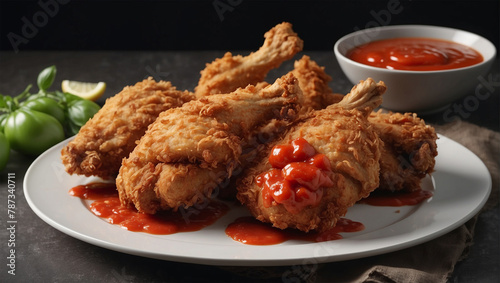 Crispy fried chicken on a plate with tomato sauce