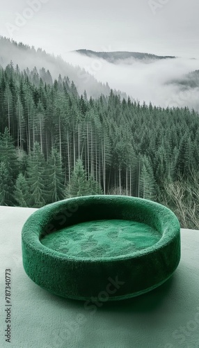 Forest green moss texture podium in misty woodland setting for natural product display