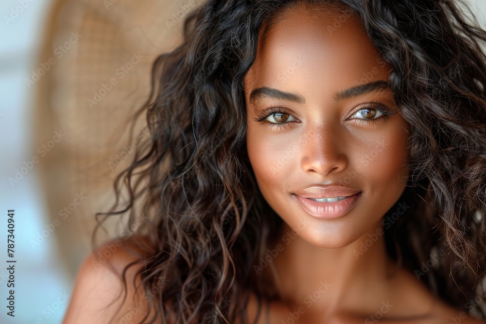 Close-up of a young woman with striking eyes and curly hair, showcasing her natural beauty and confident gaze Close-up of a young woman with striking eyes and curly hair, showcasing her natural beauty and confident gaze