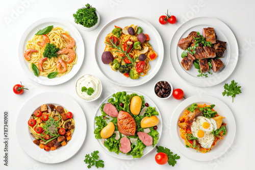 set of plates of food isolated on a white background, top view . photo on white isolated background