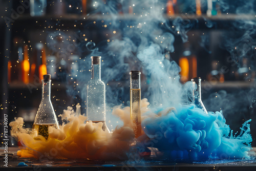 A table with four glass bottles and a blue and orange cloud of smoke. The bottles are labeled with different colors and the smoke is coming from them. The scene gives off a mysterious. Generative AI