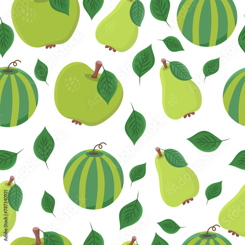 Seamless pattern or background with fruits - pear, watermelon, apple on a white background. Vector 